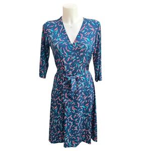 Leota Blue Green Abstract Print V Neck Faux Wrap Tie‎ Midi Dress Medium